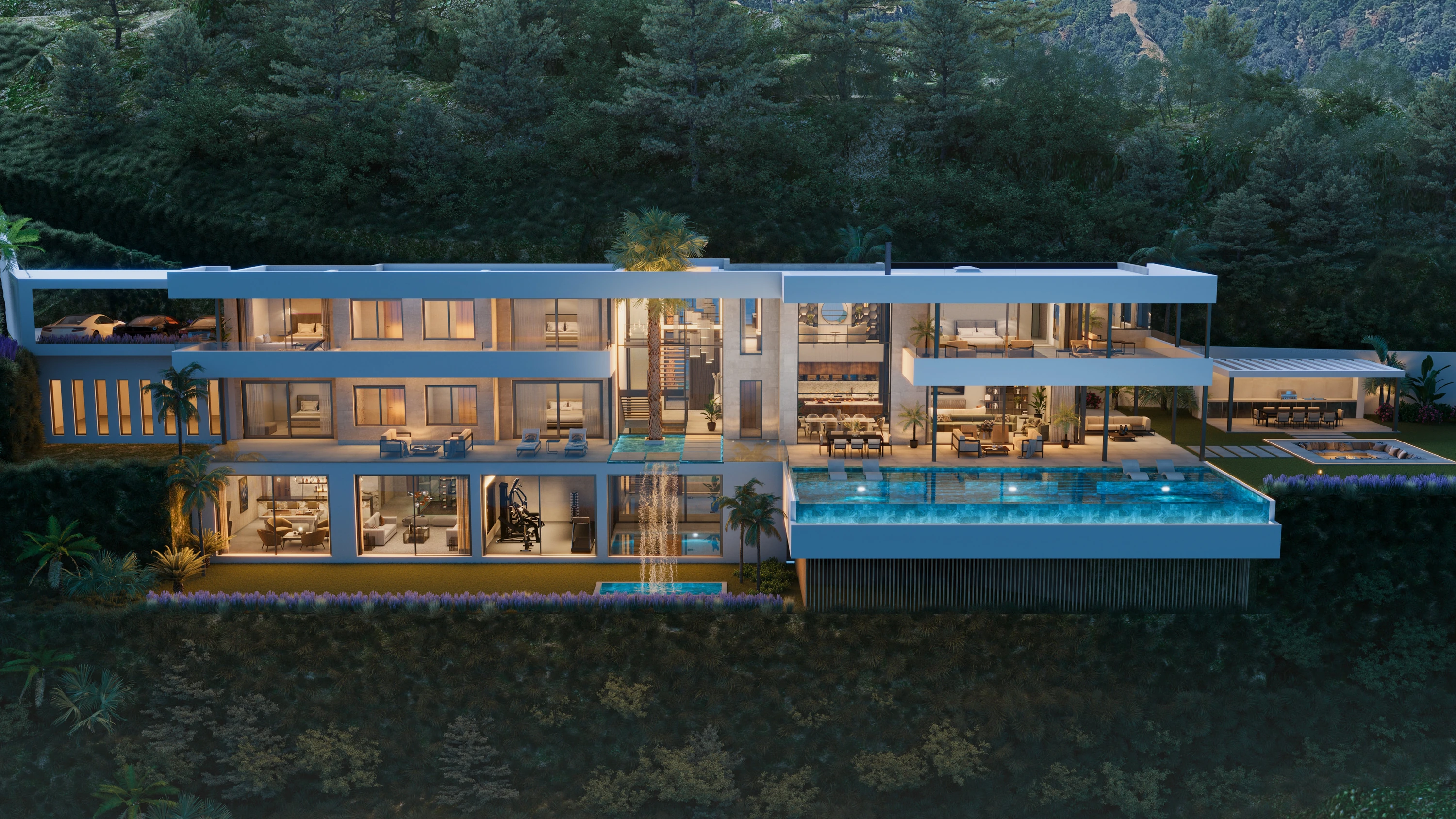 Villa Hope El Madroñal — render de fachada nocturna, Benahavís