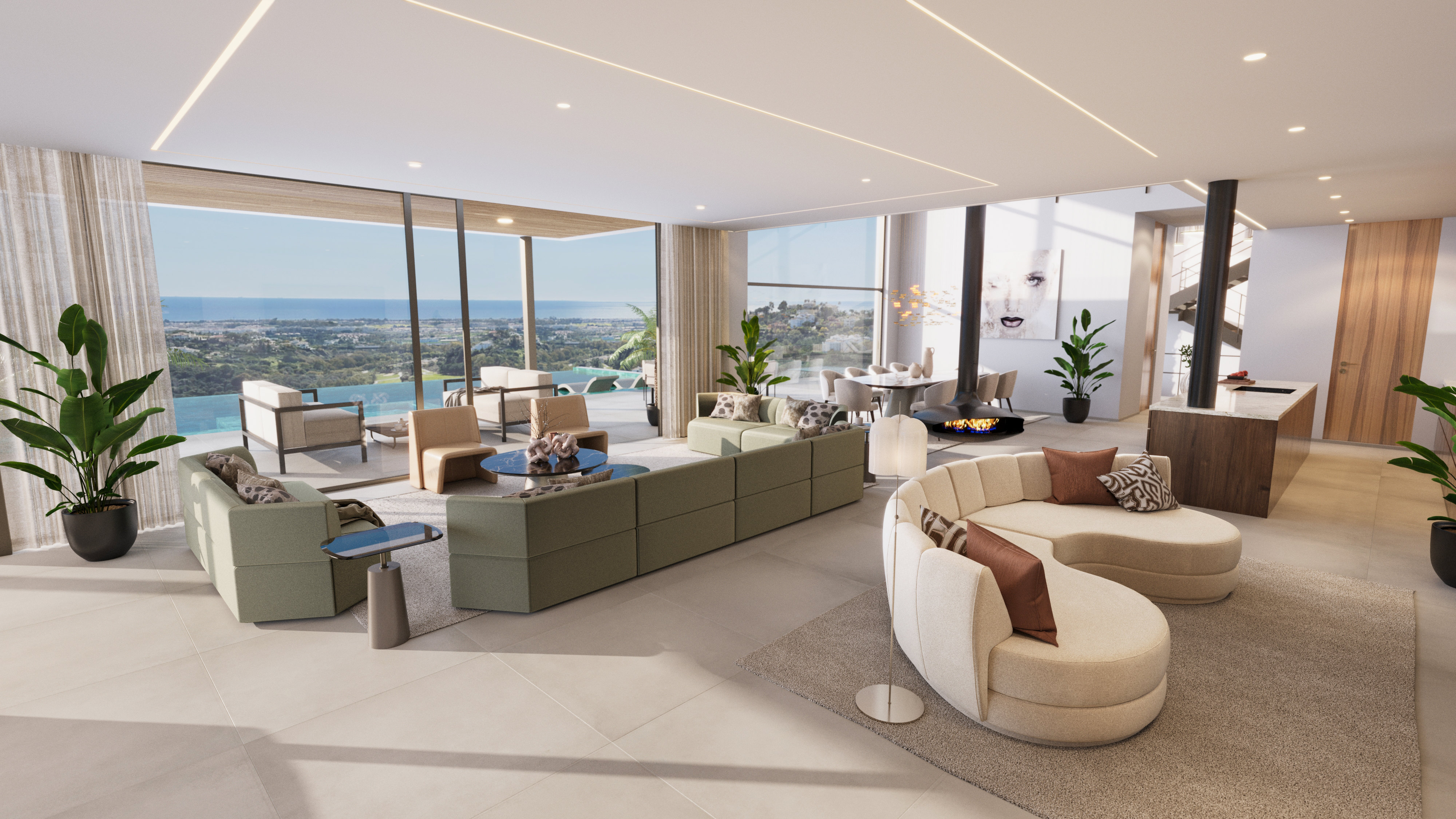 Villas Madronal Benahavis Render Salon Cocina Vistas