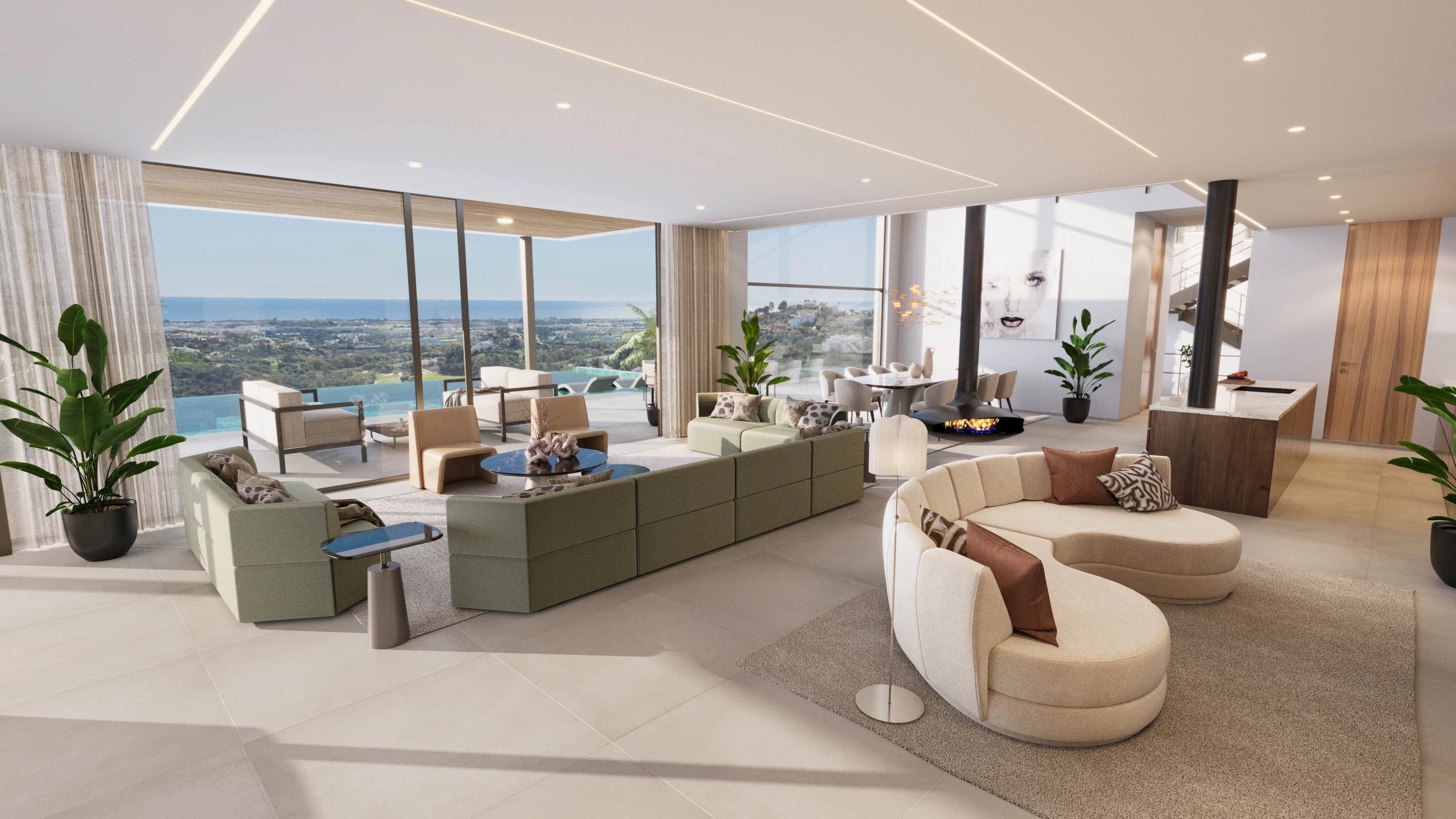 Villas Madronal Benahavis Render Salon Cocina Vistas