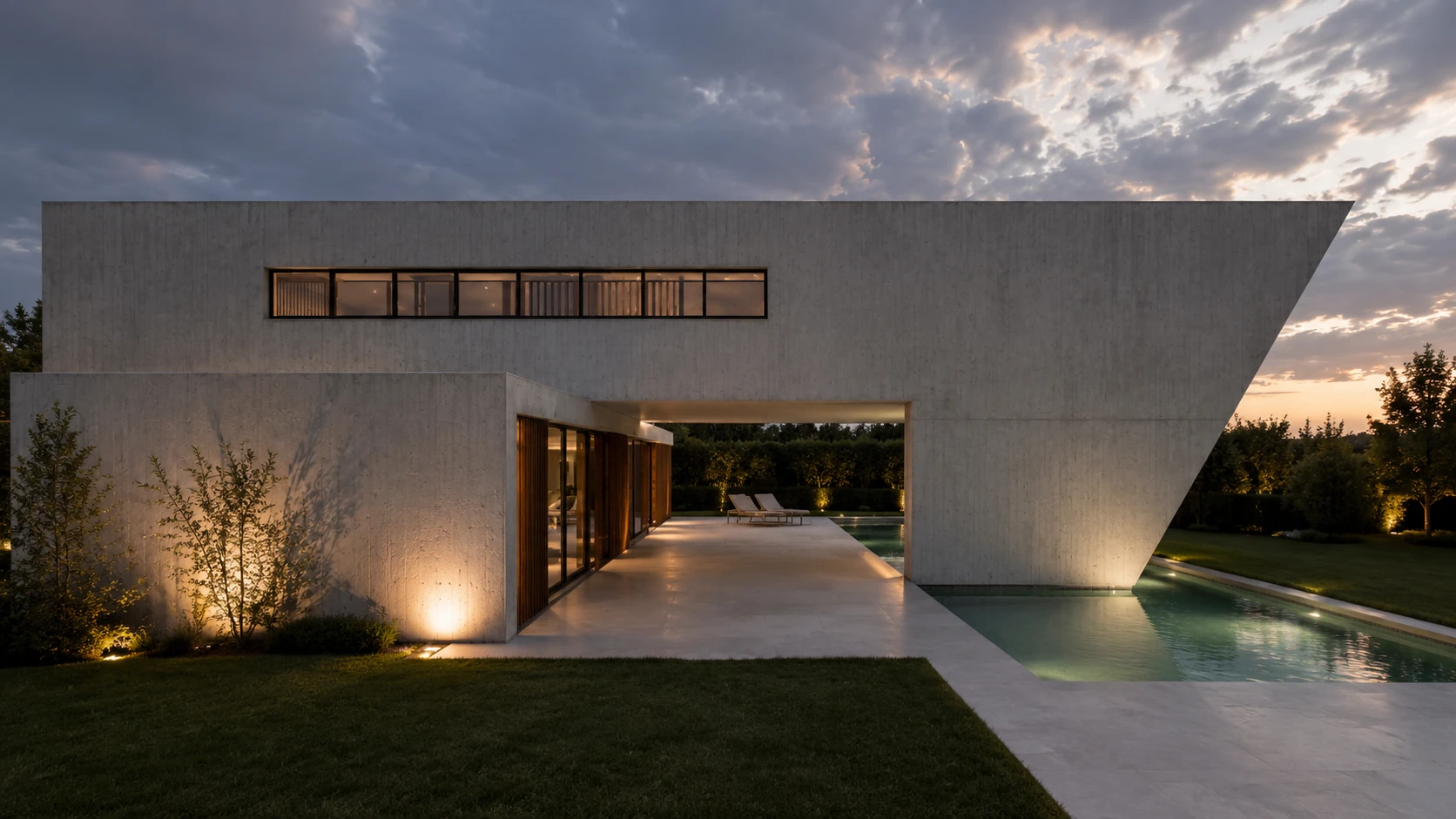 Santos Concept I — render nocturno con piscina lateral, villa de nueva planta