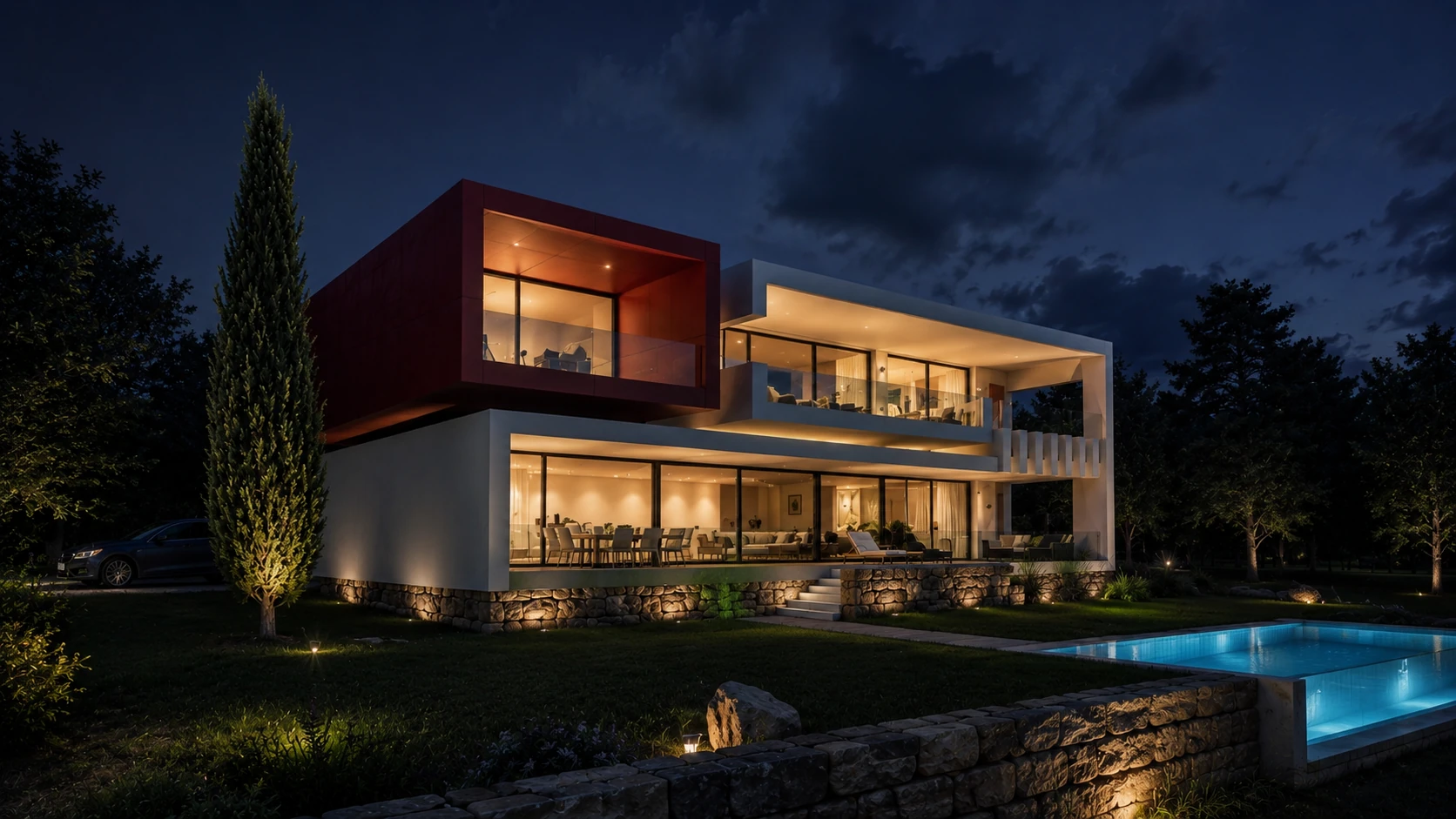 Santos Concept II — Vista exterior nocturna con iluminación