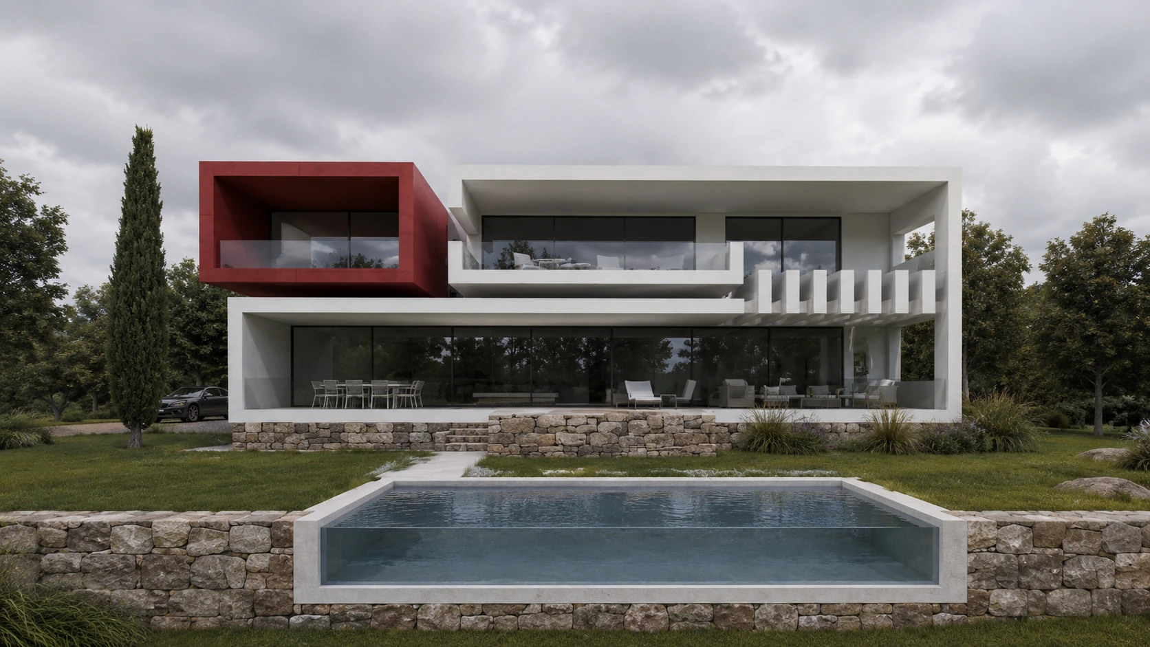 Santos Concept II — Fachada principal con piscina al frente