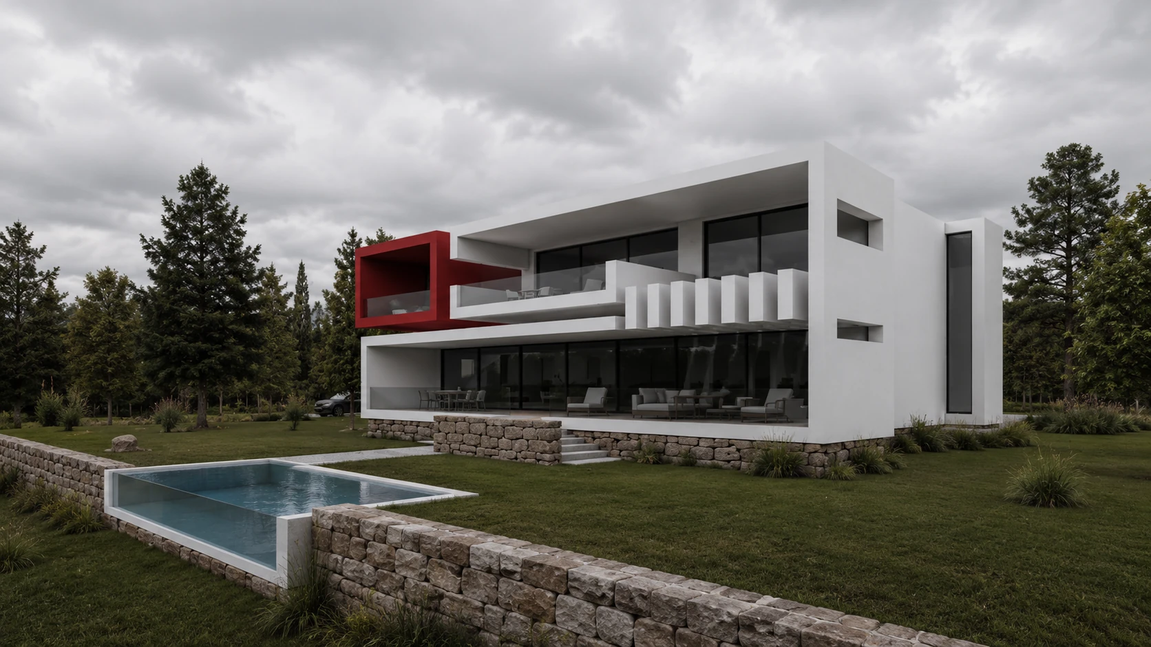 Santos Concept II — Alzado lateral con volumen rojo y piscina