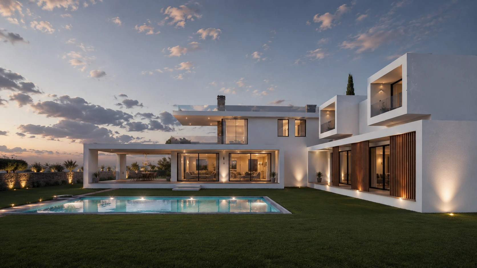 Santos Concept III — render exterior con piscina y cielo al atardecer, Costa del Sol