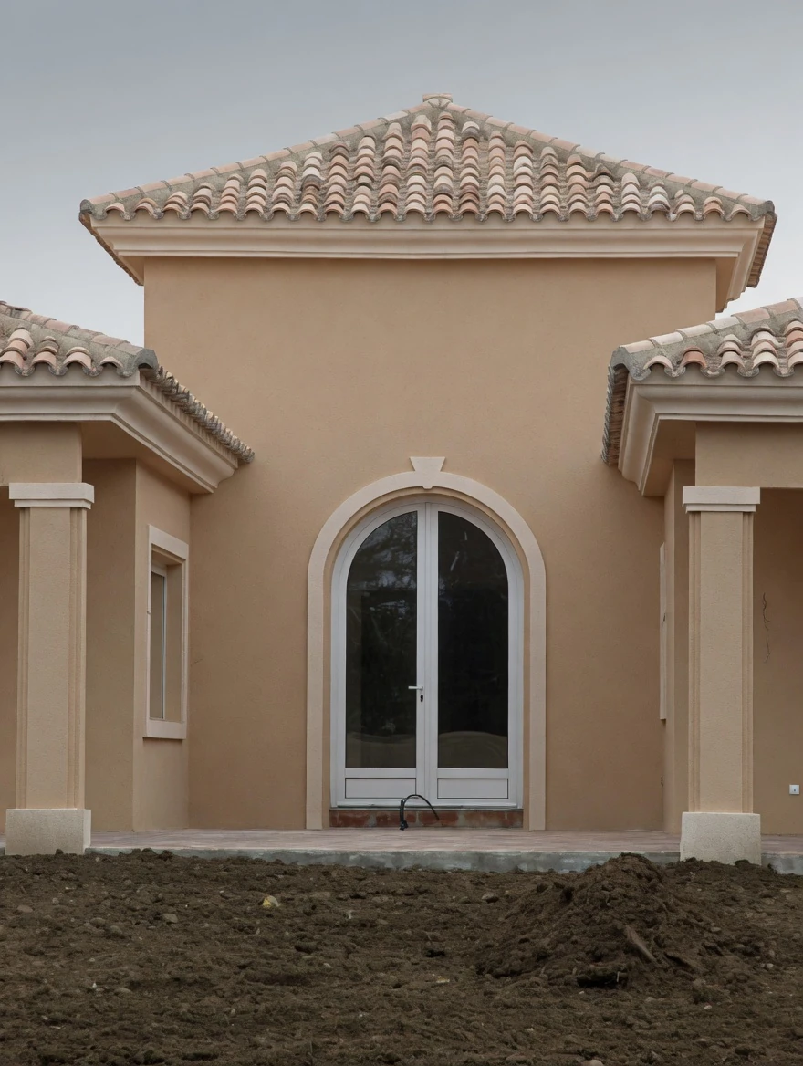 Detalle acceso villa con arco de medio punto terracota y cubierta de teja, Costa del Sol