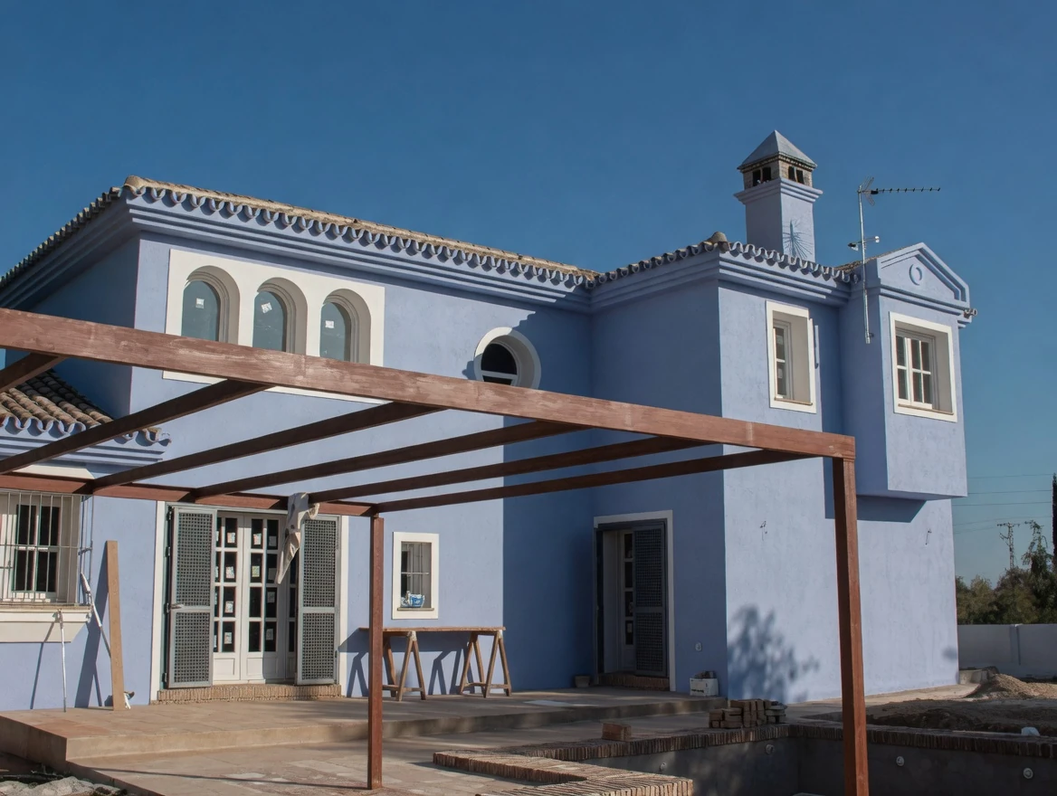 Villa azul con arcos moriscos y pérgola en fase de obra, Costa del Sol Málaga