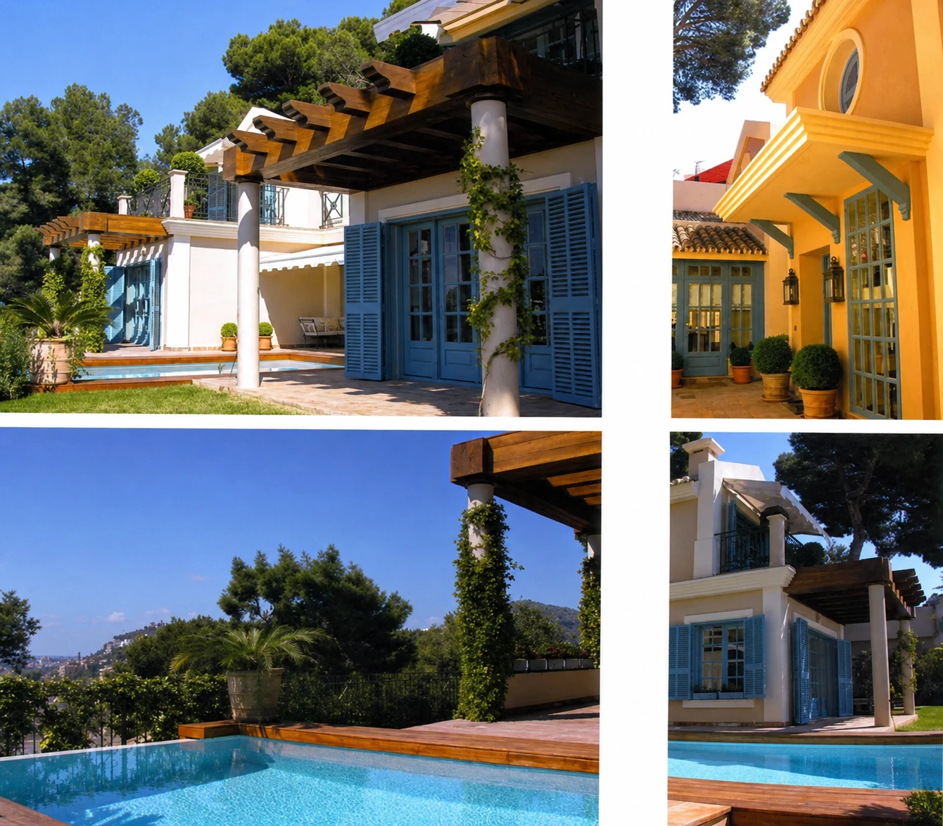 Villa con persianas azules, pérgola y piscina con tarima de madera, Costa del Sol