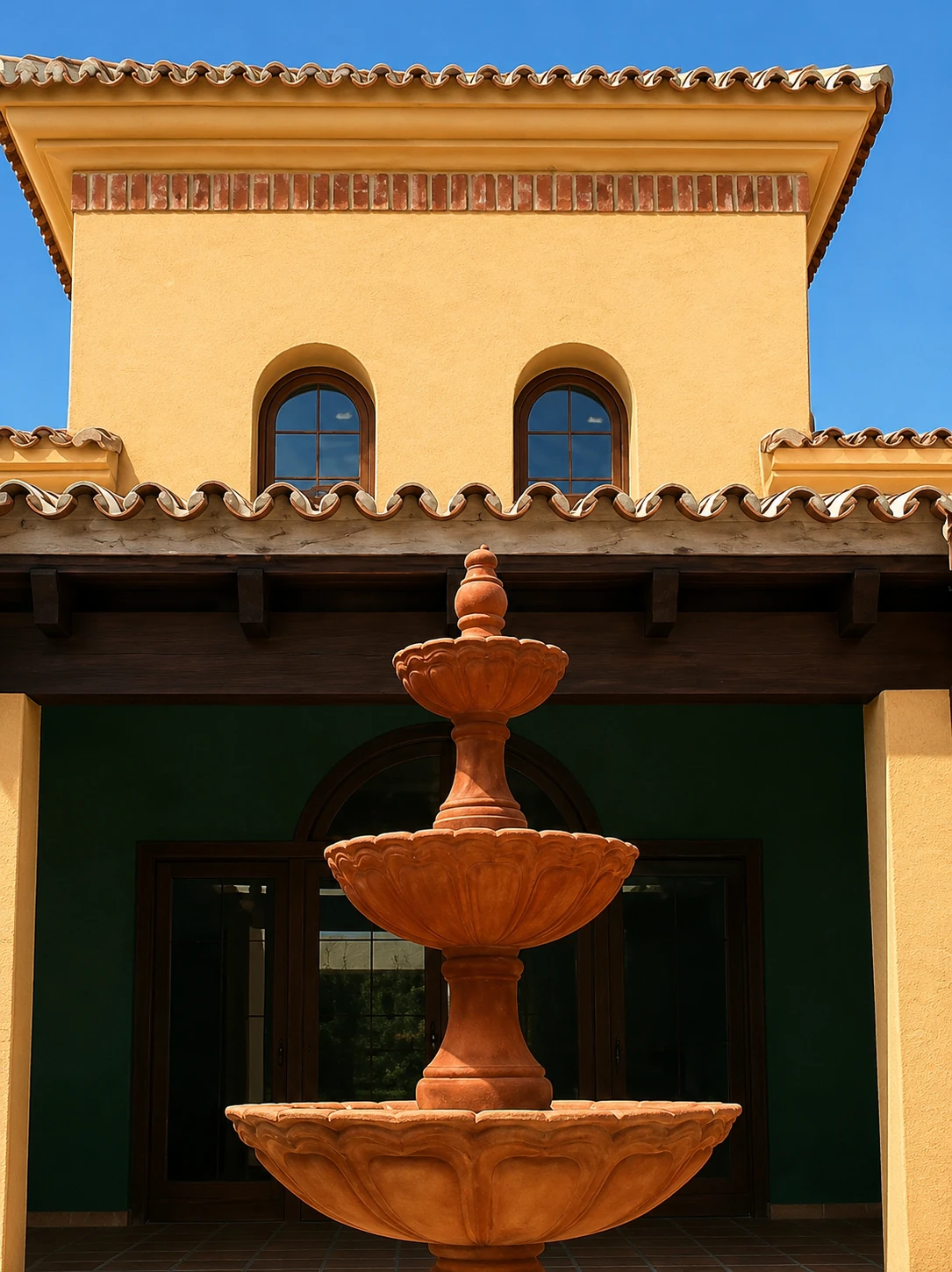 Villa with Columned Portico — Detail of terracotta fountain in inner courtyard
