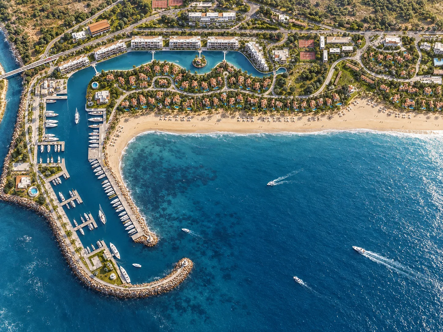 Port de Plaisance de Kabila — overhead aerial visualisation of the marina and residential development, Morocco