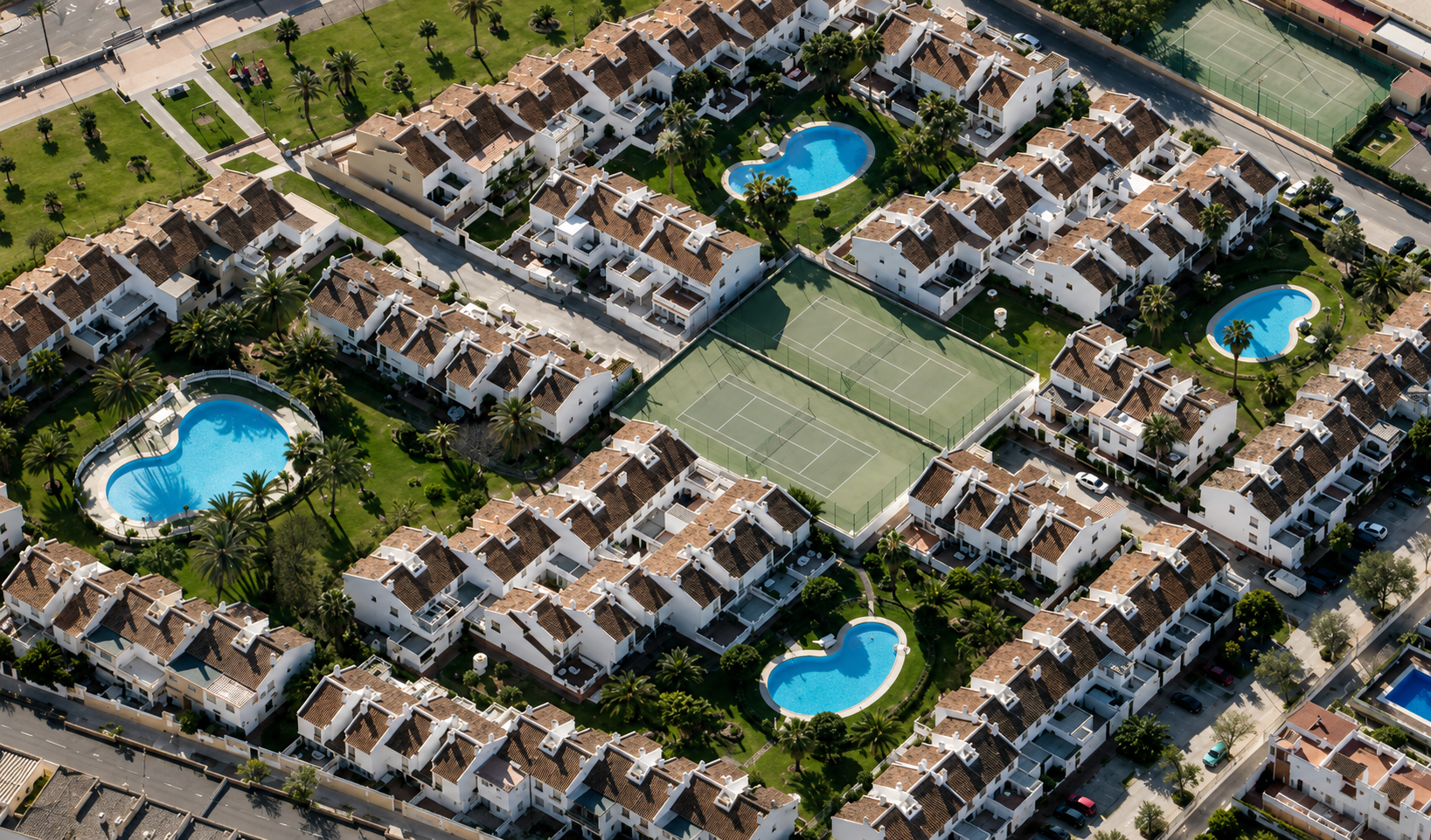 Aerial view of pools and communal areas, Guadalmar townhouses