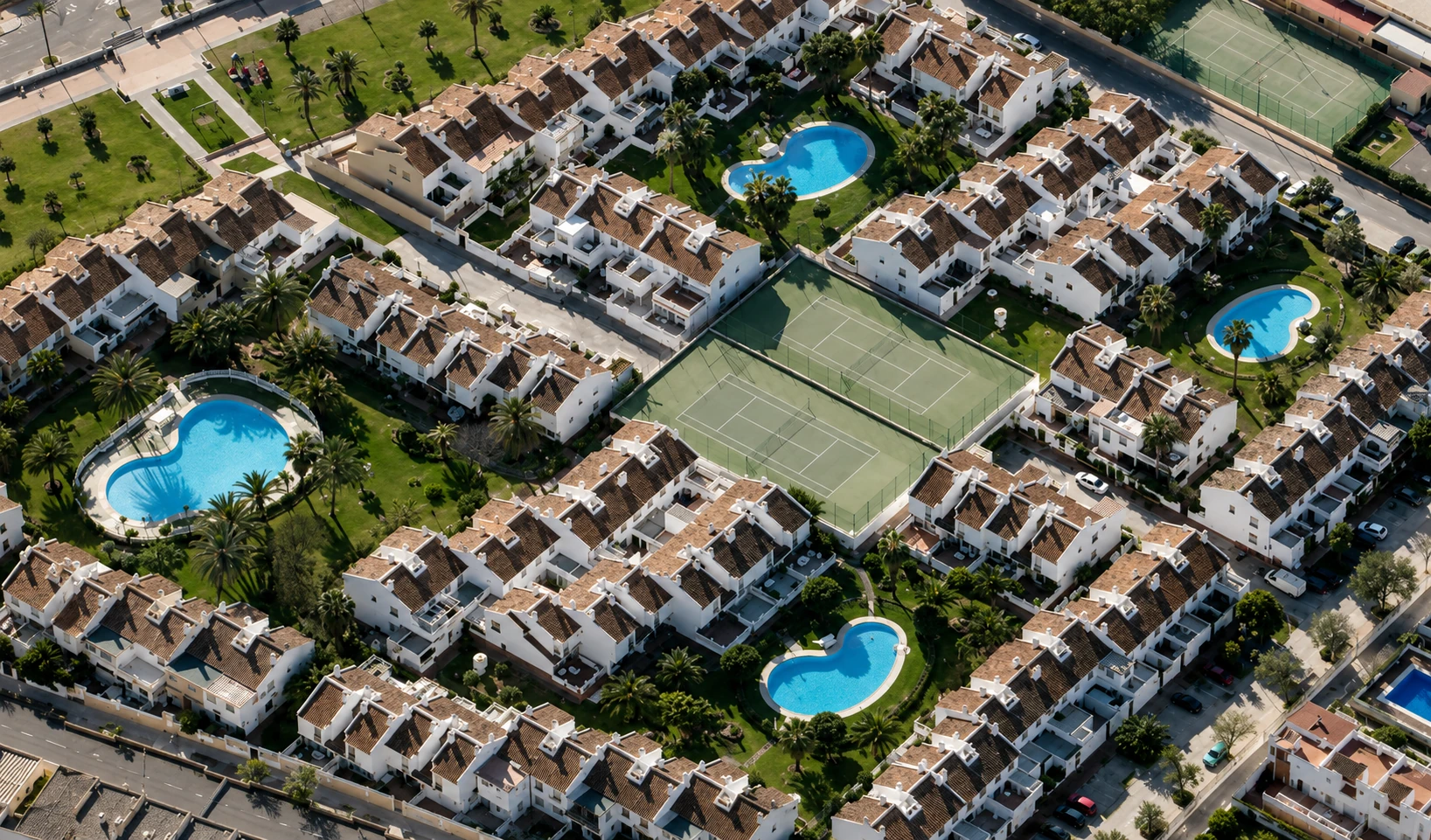 Aerial view of pools and communal areas, Guadalmar townhouses