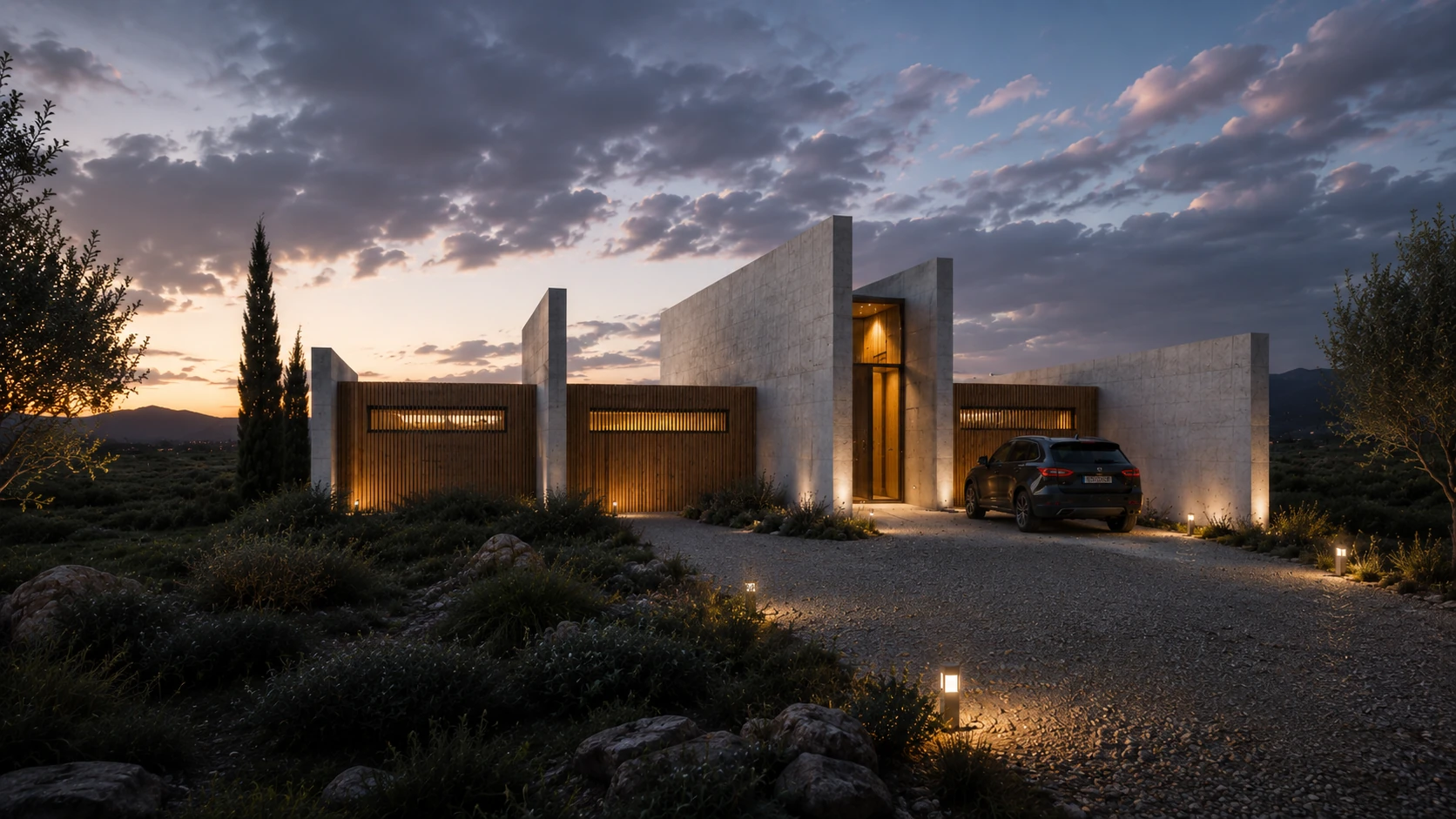 Santos Concept IV — Acceso y fachada principal en hormigón visto