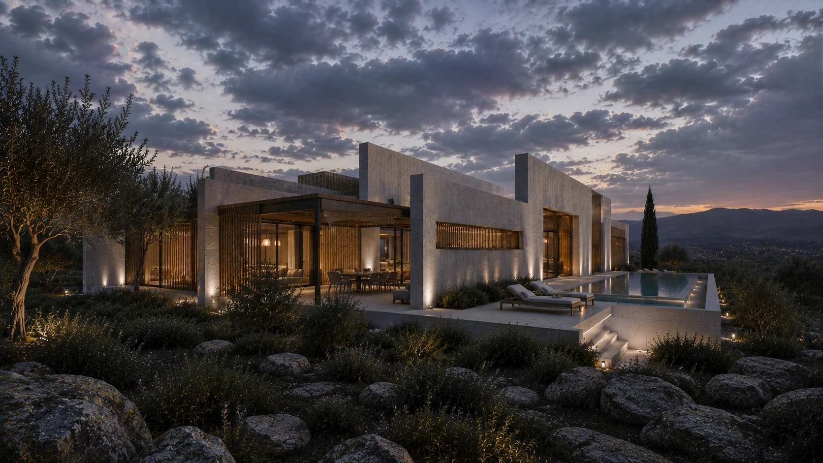 Santos Concept IV — Terraza y piscina desde el jardín al anochecer