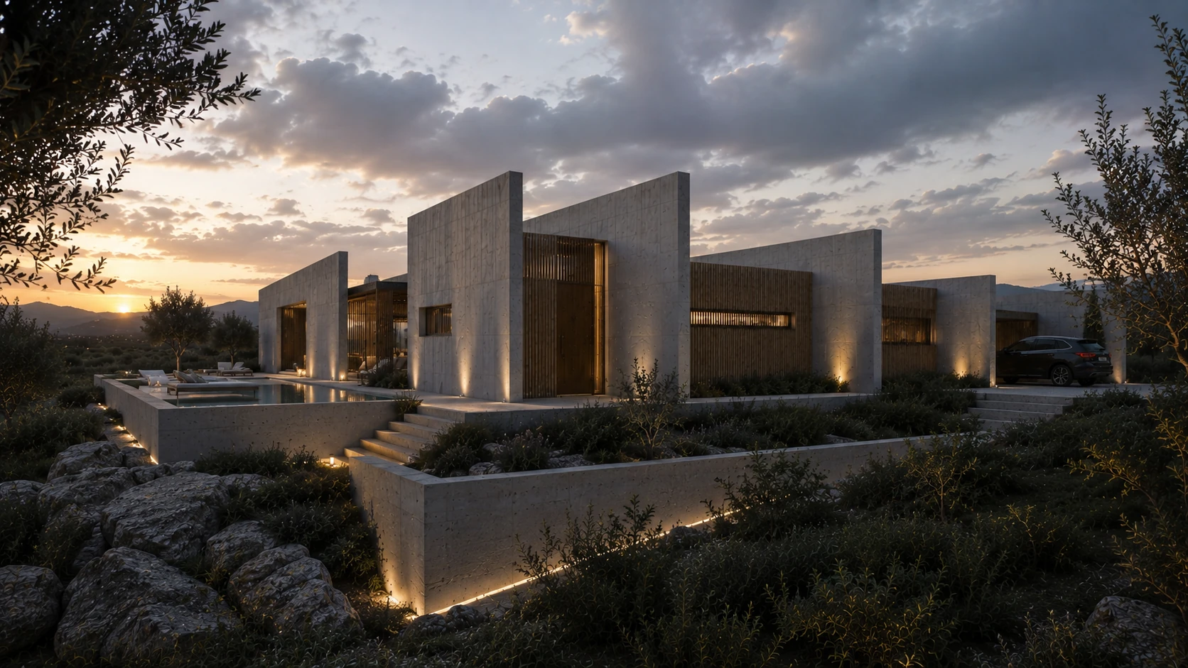 Santos Concept IV — exposed concrete villa with pool, night render