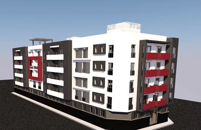 Render conjunto edificio Plaza de Toros Vieja Málaga — vista fachada trasera dos módulos