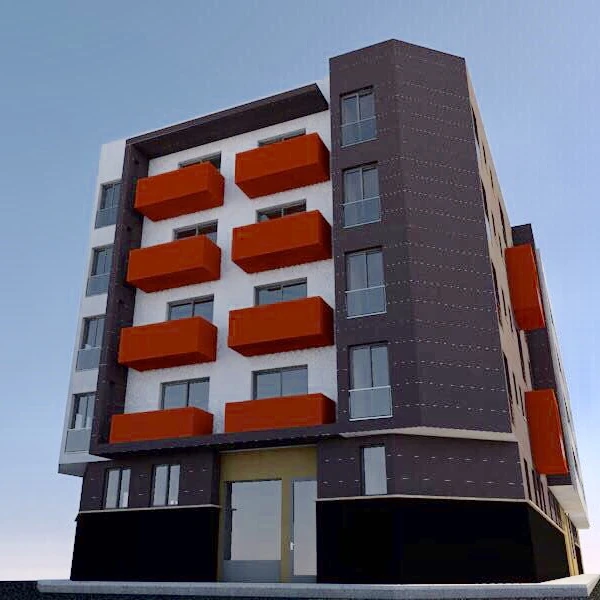 Render Núcleo A del edificio — fachada con balcones naranja, Plaza de Toros Vieja Málaga