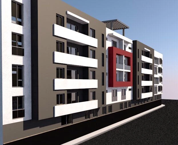 Render fachada lateral edificio Plaza de Toros Vieja — franjas horizontales y módulo rojo
