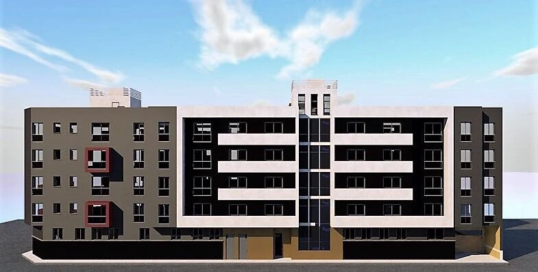 Render frontal edificio Plaza de Toros Vieja — los dos bloques y el eje central