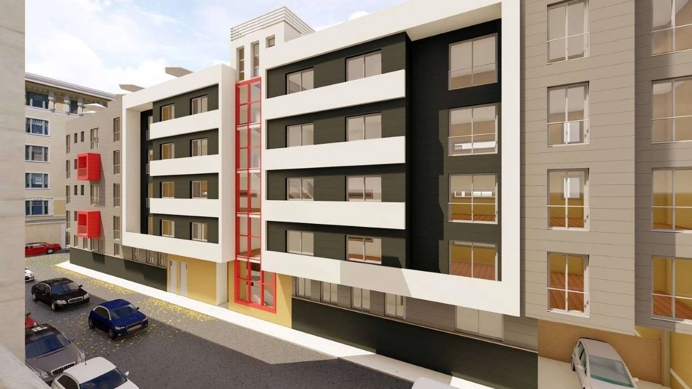 Vista aérea edificio Plaza de Toros Vieja Málaga — integración en contexto urbano con módulo rojo