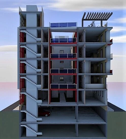 Sección constructiva 3D edificio Plaza de Toros Vieja — estructura, escaleras y pasarela volada