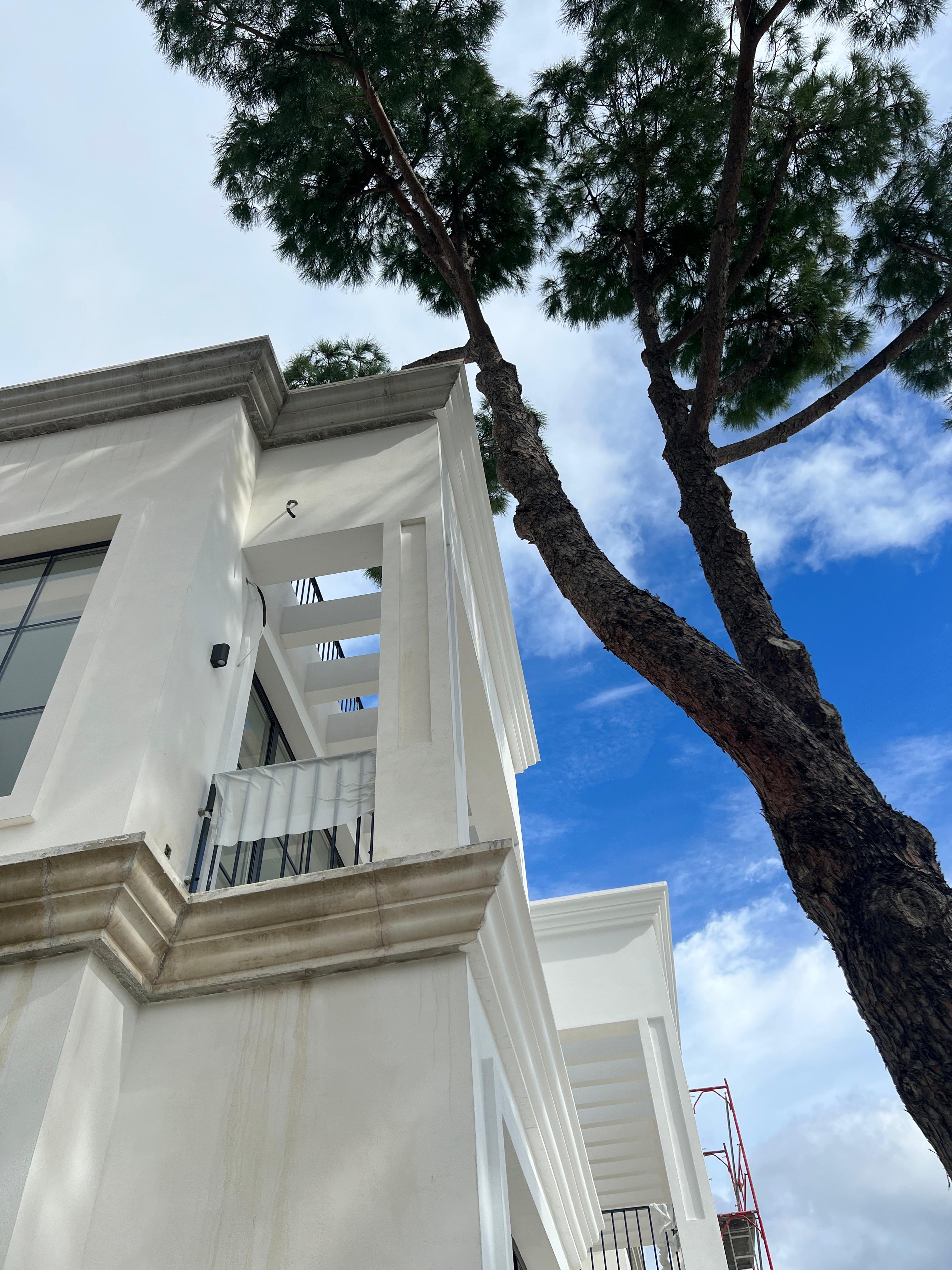Detalle fachada con pino — Villa El Paraíso, Benahavís