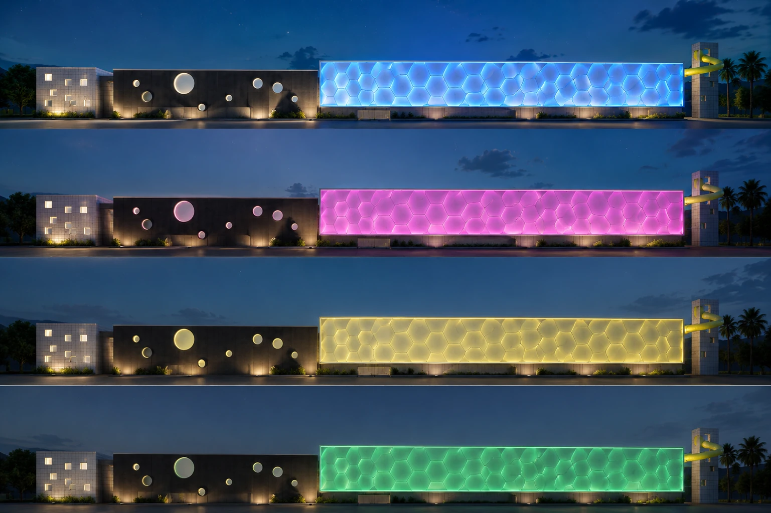 Illuminated elevations of the Aquamijas extension — section and elevation with backlit ETFE membrane