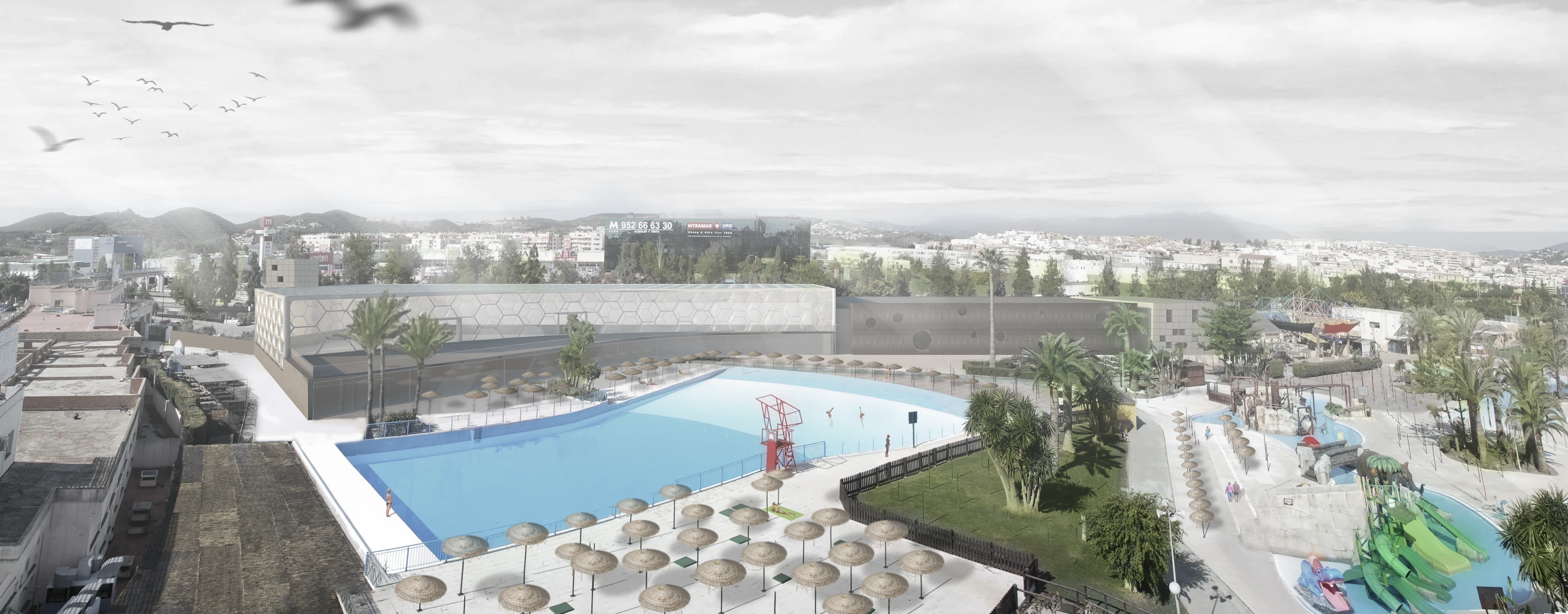 Interior programme infographic for the Aquamijas extension — use distribution under the ETFE roof