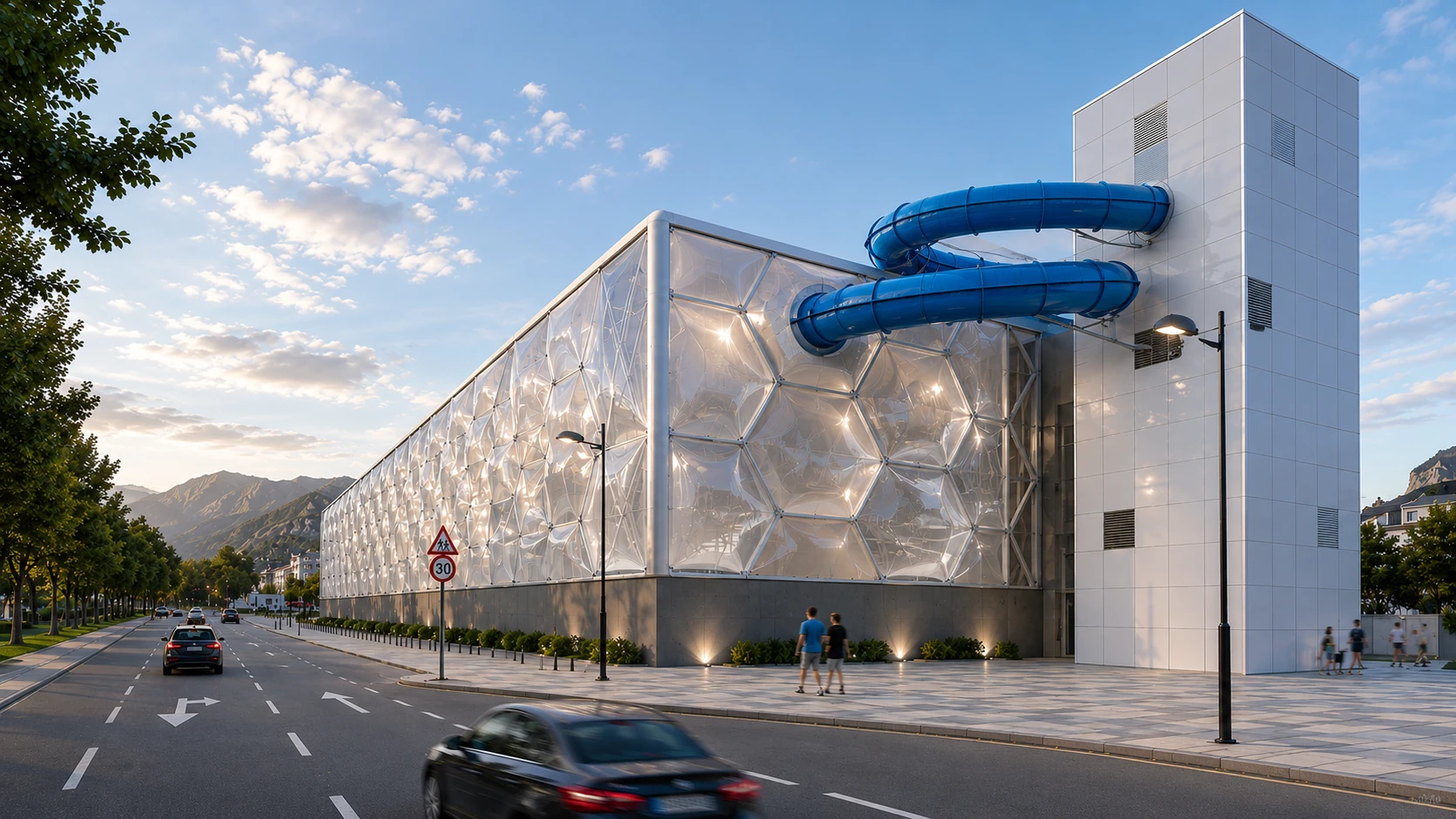 Daytime exterior render of the Aquamijas water park extension, Fuengirola — translucent ETFE roof integrated into the complex