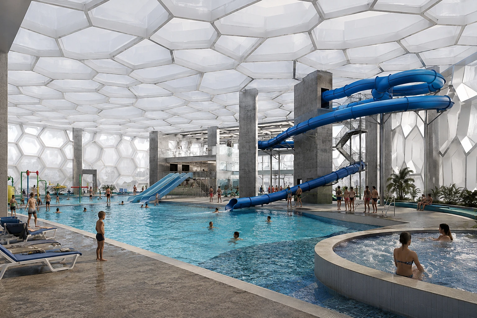 Daytime interior render of the Aquamijas extension — covered aquatic area flooded with natural light under the ETFE membrane