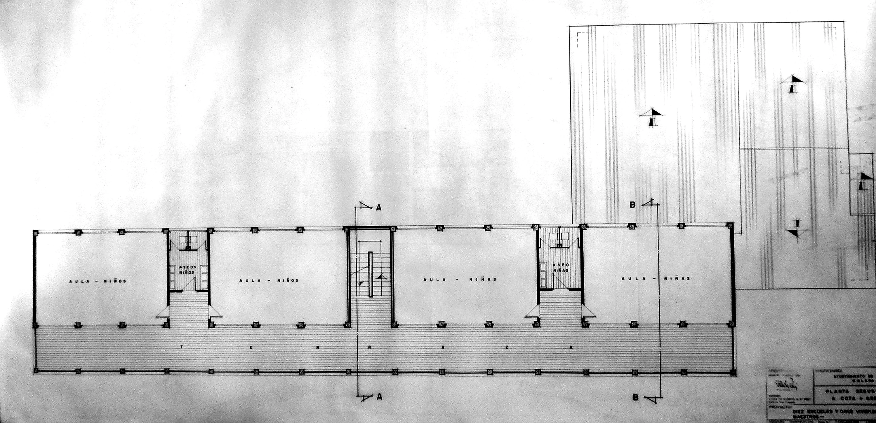 Plan of the Alfarnate School Complex — floor plan and elevations of the original project by José María Santos Rein, 1964